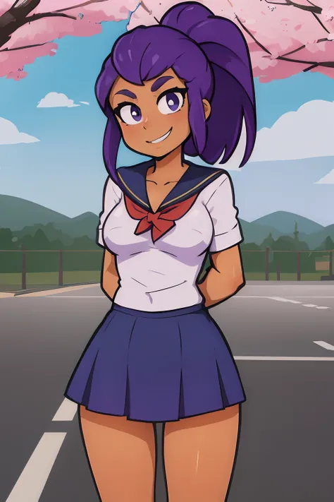 schoolgirl, long hair, purple hair, ponytail, medium breasts, tan skin, (width hips: 1.2), standing, smiling, school uniform, blue miniskirt, hands at sides, looking at viewer, outside, near a tree, arms behind back, (road:0.6), point of view, looking at v...