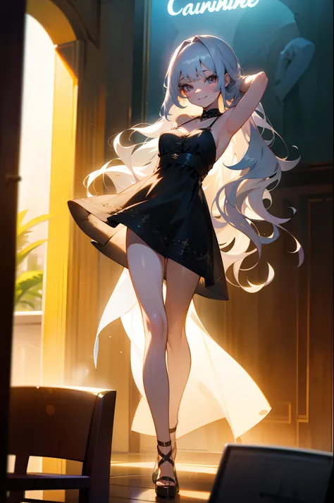 absurderes, 8K resolution, full bodyesbian, Shiny skin, Girl, Seductive smile, Silver hair, Long hair, crossed bangs, Wavy hair, Summer dress, Bare_bshoulders, arms back behind, view the viewer, in summer, Rainbow, Cafe, Cinematic lighting, illustration