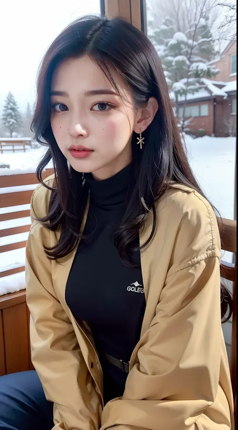 1 rapariga， Bare_tree， brown_Eyes， Navy blue hair，Wavy hair， build， Manteau， Cross_Earrings， 耳Nipple Ring， long windbreaker， cparted lips， sit on chair，looking at viewert， exteriors， snow landscape， 独奏， The tree， Winters，  Bring your arms together， Ears co...