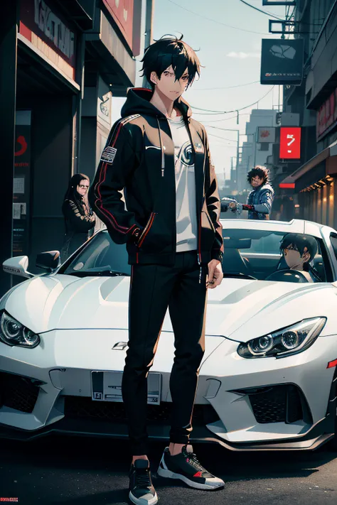 arafed man in a pants and standing next to a sports car, anime boy in hoodie, , artwork in the style of guweiz, anime style 4 k, badass anime 8 k, digital cyberpunk anime art, anime style. 8k, striking detailed artstyle in night time