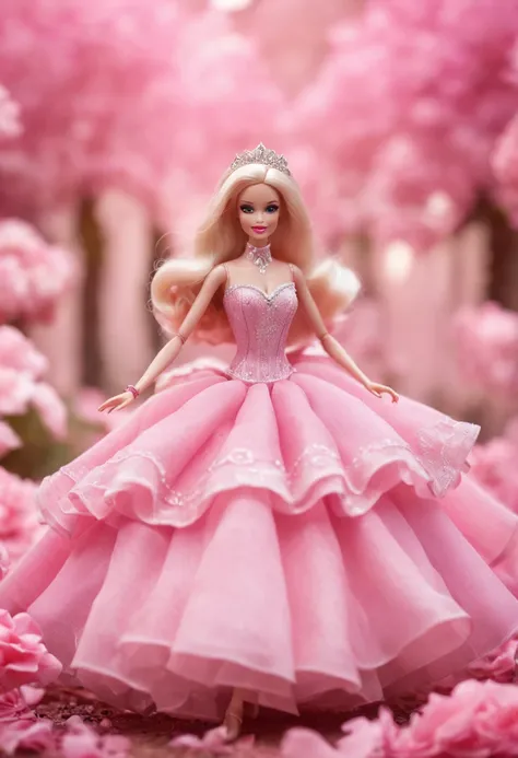 Pink Barbie World，Brilliant dreamy light and shadow illuminate the most perfect details，A fairyland-like scene unfolds before your eyes。Barbie dolls with sweet smiles dance among pink petals and soft clouds。Brilliant dreamy colors fill the beautiful fairyt...