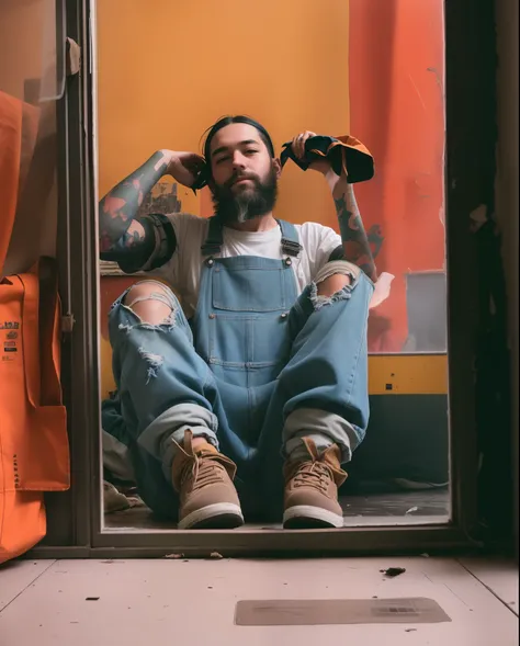 there is a man sitting on the floor in a room, artist wearing torn overalls, artist wearing overalls, starving artist wearing overalls, wearing dirty overalls, lofi portrait at a window, 2 0 2 2 photo, leaning against the window, sittin, wearing blue jean ...