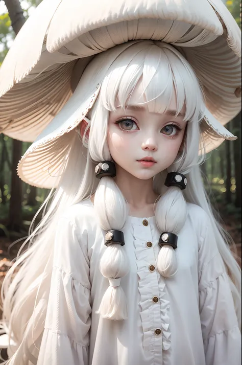 Long white hair and shaggy white clothes, White skin, Cute cute girl, mushroom on head,