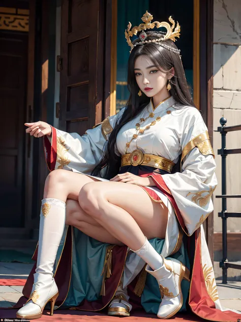 a mature female，Oriental women，Emperor，A queen，tmasterpiece，best qualityer，Fine and detailed eyes and detailed face，garments：Wearing royal dragon robes，Wearing a phoenix crown on his head，Wear straight boots，The collar leaks over the knee white socks，allur...