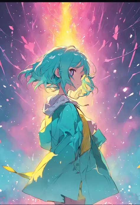 Bright Tiffany blue background、Young yellow clothes are modern。Future、a sorceress。silber hair、Pink and yellow hair、silhuette、Tiffany color light background、Rear view、Image of AI magician、modern、