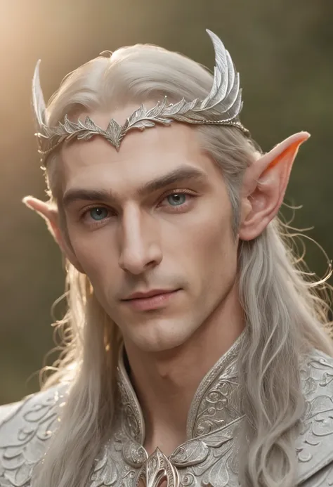 Male Elven Prince，handsome and attractive，Long ears，A noble atmosphere，Shine brightly，As graceful as a swan，Charming eyes，Flowing hair，adorned in majestic attire，graceful stance，Natural background，mystical forest，A romantic scene embellished with stars