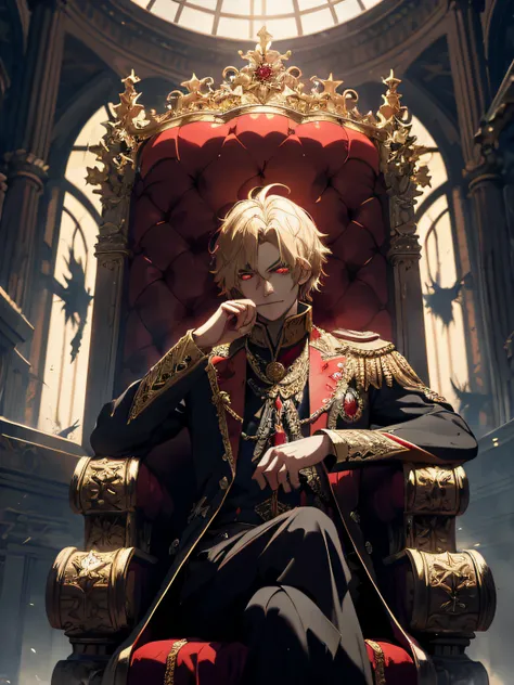 A gold-haired, red-eyed prince sits on a majestic throne inside an abandoned palace. The environment around him is dark and gloomy, with cracks in the walls and cobwebs hanging there. The throne is ornate gold, with details in gold and precious stones, and...