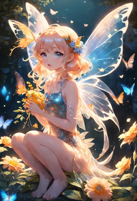 Flower Fairy、Flowers々Surrounded by、About the size of flowers、About the size of butterflies、Beautiful girl with transparent shiny beautiful wings on her back、have a bouquet、Glowing scales fly on takeoff、Sitting on a flower、Highly detailed background，Realist...