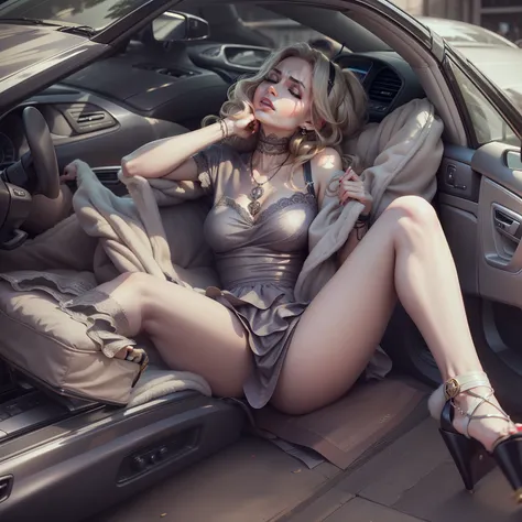 Greedy lady in high heeled sandals，Sit in her luxury car and sleep，irate，head looking up