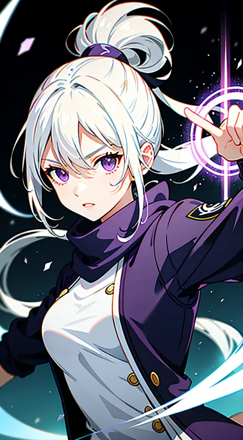 upper body, 1girl, white hair, ponytail, purple eyes, (ninja), short sword, medium breats ,scarf, wallpaper, magic circle background, light particles, blue fire,