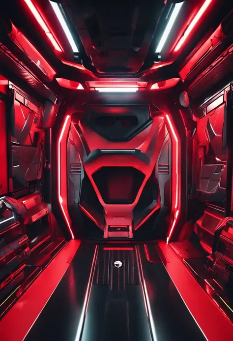 Red spacecraft with white and black, Technology of the future, Fluorescent Neon Light, Realistic details and vivid textures.