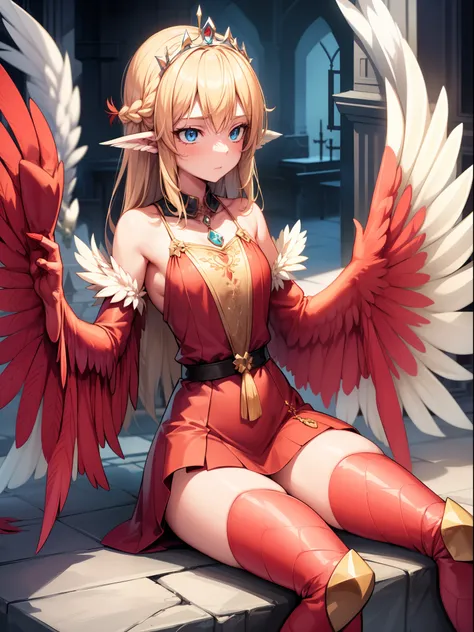 1girl,solo,harpy, sitting,blond hair,braid, blue eyes, long hair,(red feathers),wing arms,bird legs, short dress, jewelry,tiara,castle,indoors