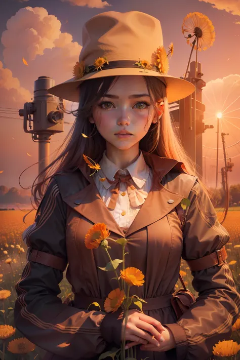 Young girl blowing dandelions in a field overgrown with dandelions at sunset，orange colors、Red and lilac colors fill the sky