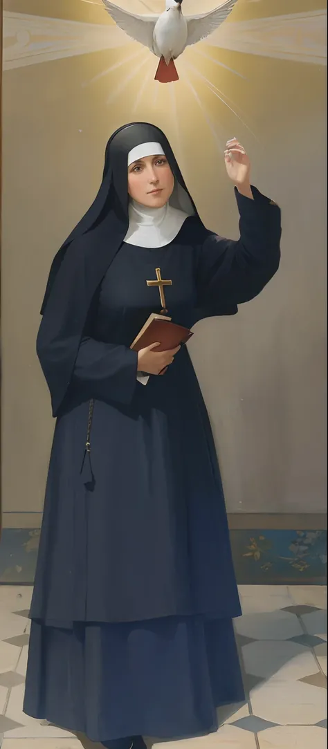 Painting of a nun holding a book and a dove above her head, Gracious portrait of a nineteenth-century Italian saint, 1899, foto realista, cinematic, imagem realista