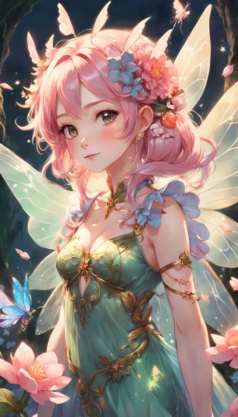 a drawing of a fairy with a rose in her hand,Transparent and lightweight wings like cicada wings,oil shiny skin,Barott style classical garden,Aerial view,Concept art,sky,study of a flower fairy, fairy aesthetics, space flower fairy, faerie, portrait of a f...