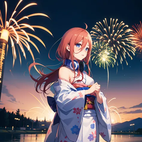 Miku Nakano wallpaper is standing there in a kimono, in the background you can see fireworks, medium sized breasts and looks cute and a bit shy, she has blue, sparkling eyes