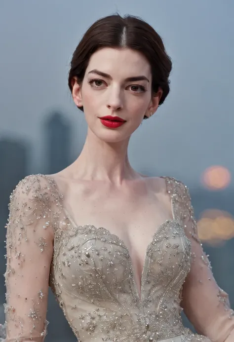 (Anne Hathaway)s(Dreamy image)+(Charming temperament)+(Luxury scene)+(Soft light and shadow)，Beauty in full display，Elegant and confident，Intoxicating。(Red lip makeup)+(Classic hairstyle)+(ornate gown)，Picturesque，Brilliant。(Shining starry sky)+(Romantic n...