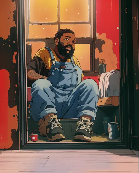 there is a black man sitting on the floor in a room, artist wearing torn overalls, artist wearing overalls, starving artist wearing overalls, wearing dirty overalls, lofi portrait at a window, 2 0 2 2 photo, leaning against the window, sittin, wearing blue...