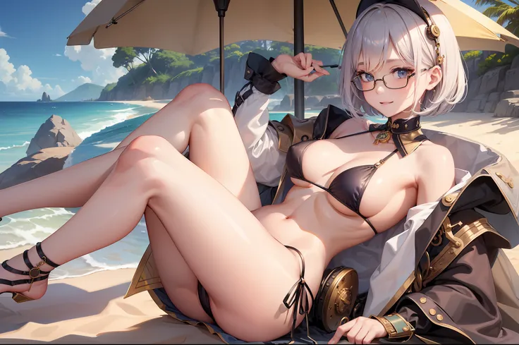 bob cuts、Dainty girl、Frameless glasses、Delicate body、((Steampunk style one-shoulder bikini))、Outstanding smile、((by lake、sand beach))、Vast space、Beautiful eyes drawn down to the smallest detail、Countless gear and watch outfits、high sky、Colossal situation、H...