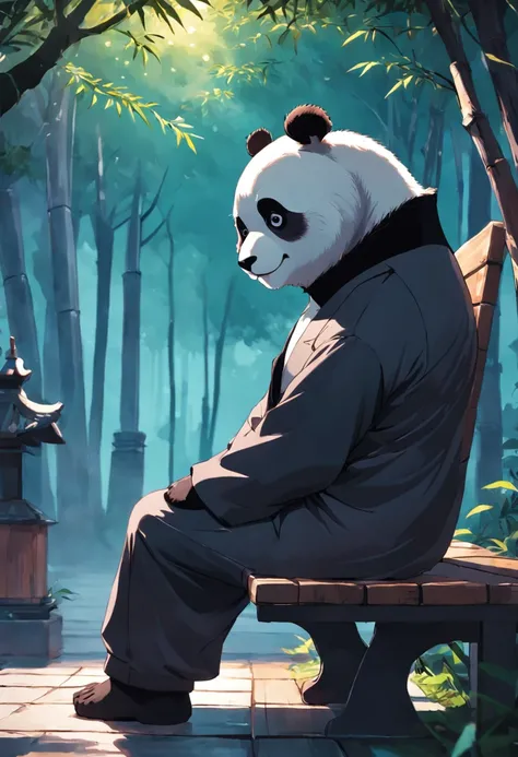 Panda in suit，adorned in majestic attire，Sit on a bench，There is a handbag, Melancholy looked into the distance，With your back to the camera，shot from a far distance，best qualityer,  8K分辨率，Cinematic lighting，best qualityer，Detail light，bamboo forrest