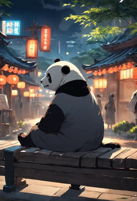 Panda in suit，adorned in majestic attire，Sit on a bench，There is a handbag, Melancholy looked into the distance，With your back to the camera，shot from a far distance，best qualityer,  8K分辨率，Cinematic lighting，best qualityer，Detail light，bamboo forrest