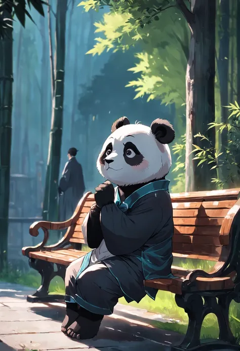 Panda in suit，adorned in majestic attire，Sit on a bench，There is a handbag, Melancholy looked into the distance，With your back to the camera，shot from a far distance，best qualityer,  8K分辨率，Cinematic lighting，best qualityer，Detail light，bamboo forrest