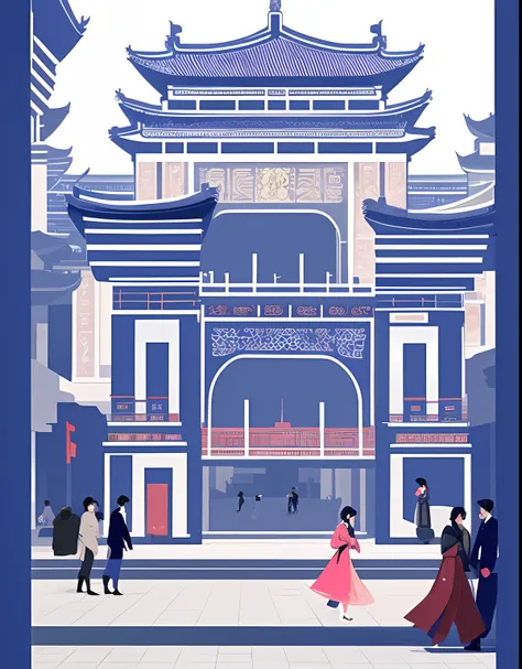 On the streets of modern-day Changan in China, depicted in aminimalist style, the scene radiates classical beauty with geometricpatterns. People move about in a bustling manner, creating aively atmosphere. The color palette of the scene is primarily baseoo...