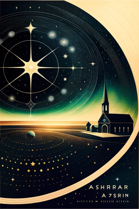 The cover of the book, Star, aurora, Pshenzi field with circles, Simple lines, painting, Black Christian Church, Mysticism