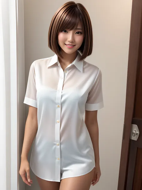 product quality, 1 girl, a cowboy shot, front view, a Japanese young pretty girl, bob hair, standing in front of her closet, glamorous figure, wearing a long length and short sleeves silky white collared shirt with collared over a silky under wear, a big s...