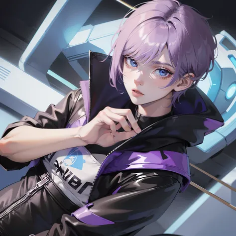 (masterpiece), ((Extremely detailed)), 1 boy ((androgynous)), very short hair, (Pixie haircut), (pastel Purple hair color), uneven bangs, big expressive eyes, (blue eyes), Black hoodie, (Futuristic stylish background)