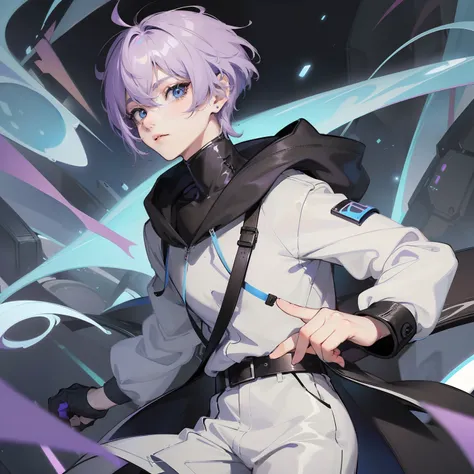 (masterpiece), ((Extremely detailed)), 1 boy ((androgynous)), very short hair, (Pixie haircut), (pastel Purple hair color), uneven bangs, big expressive eyes, (blue eyes), Black hoodie, (Futuristic stylish background)