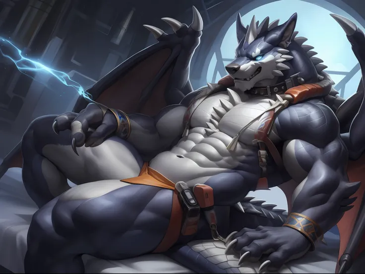 Solo, Male, (Muscular), sacrifices, (male anthro wolf):1.3, White flesh，nakeness，divinity，Numbered collar，High-quality experimental products，Kingly momentum，Evil God (Kamimei):1.3, (komono:1.4) (DOA):1.23, Detailed eyes, lizard tail,A pair of dragon horns,...