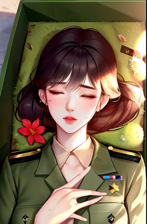 1girl,korean soldier girl,very beautiful detailed face,military wet uniform,super big breast,(P cup), hold a flower,gently sad and cry,sexy body,in the casket box, lying on a the casket box, death, dead, limp, eyes closed,box full flower