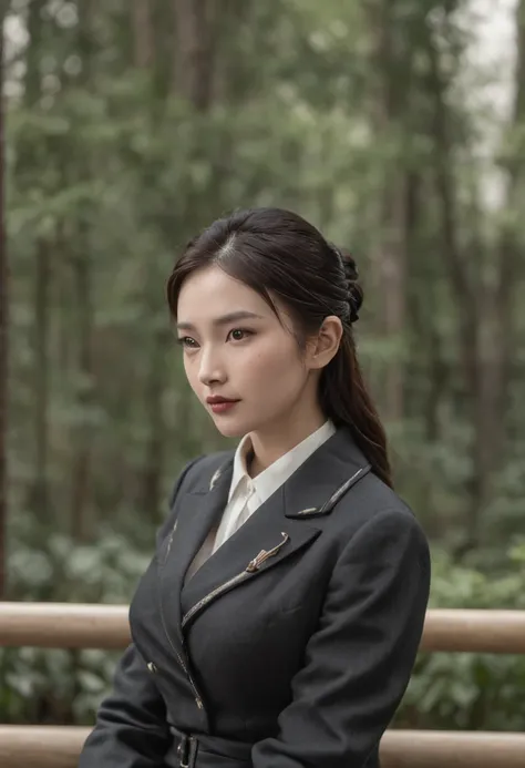 A panda，Sit on a bench，There is a handbag, Business suit，Melancholy looked into the distance，With your back to the camera，wide wide shot，best qualityer, 8K分辨率，Cinematic lighting，best qualityer，Detail light，bamboo forrest，wide wide shot