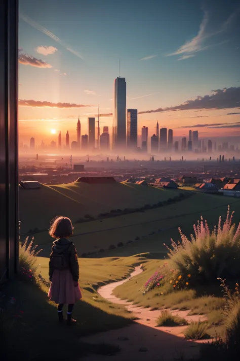 Expansive landscape photograph，spectacular sunset，postapocalyptic，4K，(view over city)，1girll，skyscrapper，tmasterpiece，scenecy，steam style，Wasteland，cars parked，best qualtiy，（look from down，Above is the sky，Below are open fields），The little girl stood in th...