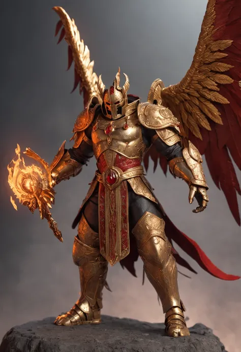 sankta. Giles，The ninth heir of the emperor，Wear golden power armor，Behind the day, Let the wings spread，Set with 3 blood-red gemstones on the chest，Sword of truth in his hand, A raging fire burned，There is a sun motif on the back，He is the sun god Apollo，...