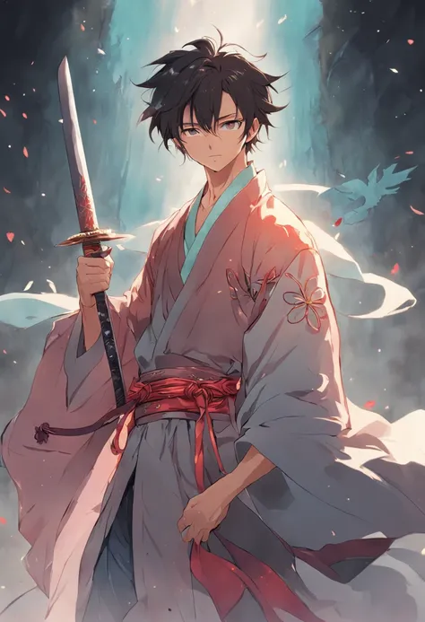 The handsome face of a handsome man holding a sword in his hand wearing ancient Chinese Han clothes looks like a fairy spirit