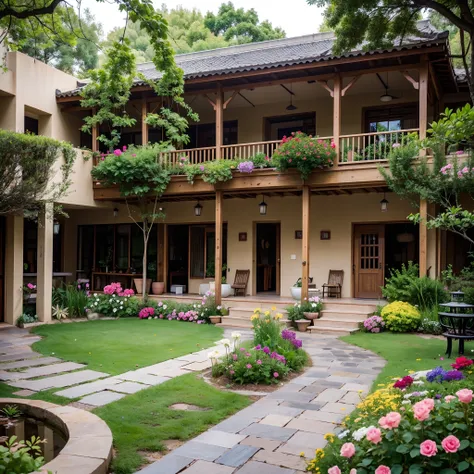 ，巨作, Best quality，8K, 超高分辨率，Stroll through the courtyard，The fragrance of flowers in the garden is greeted by the garden，In the ears is the joyful sound of cicadas chirping birds。The rustic courtyard is dominated by a strong natural atmosphere，Roses in blo...