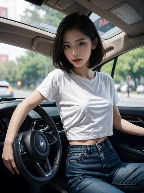 ((smallunderboob,Tomboyish,small heads)), (Well-defined abs: 1.1), (perfect bodies: 1.1), (short-length straighthair: 1.2), Black hair, fully body photo, nabel，White sneakers，（极其细致的CG 8k壁纸），（Extremely refined and beautiful），（tmasterpiece），（best qualtiy：1.0...