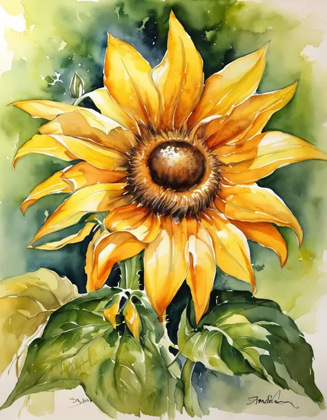 (master part), (melhor qualidade), ((vista frontal)), (Centrado), (meio corpo), Watercolor illustration of a sunflower, arte Boris Vallejo, Syd Mead, arte dos anos 70s, na cor verde.