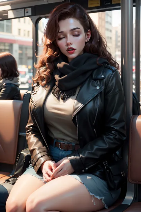 1 beautiful woman, adult, large body, red lips, brown hair, curly hair, outlined eyelids, made-up eyelids, made-up face, leather jacket, black jacket, black scarf, blue jeans, black bag, sleeping sitting on the bus, mouth open, eyes closed.