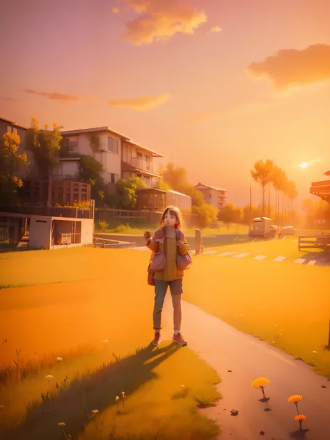 Young girl blowing dandelions in a field overgrown with dandelions at sunset，orange colors、Red and lilac colors fill the sky