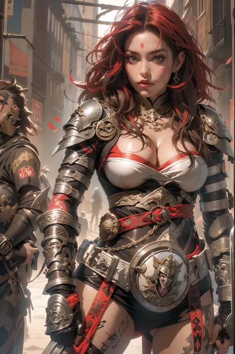 (((mulher))), (((melhor qualidade))), (((obra prima))), (((adulta))), Uma guerreira mulher de 35 anos com corpo perfeito, Brooklyn Gladiators, (( under boobs )), quase nua no estilo selvagem urbano de Simon Bisley para a capa da revista Heavy Metal, cabelo...