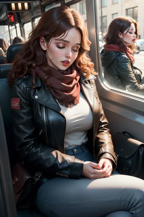 1 beautiful woman, adult, large body, red lips, brown hair, curly hair, outlined eyelids, made-up eyelids, made-up face, leather jacket, black jacket, black scarf, blue jeans, black bag, sleeping sitting on the bus, mouth open, eyes closed.