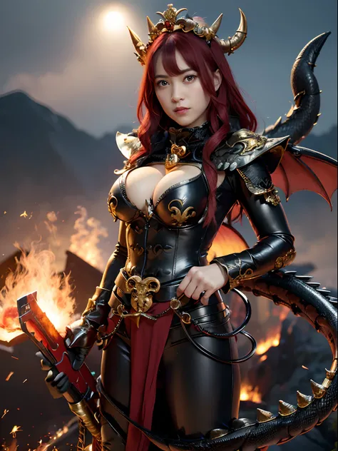 (masutepiece), Professional , ​masterpiece、top-quality、photos realistic , depth of fields （Gemstone Black Metal Body:1.９),(Matte Black、（cleavage of the breast）、Dragon Gold Weapon（Dragon Metal Body:1.４),Gorgeous Silver Weapons ,（（ Dragons dense and gorgeous...