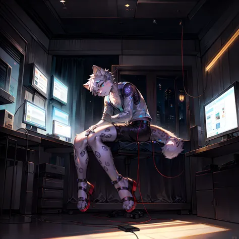 robot Leopard，Wear white vest，Black  shorts，sandals。electrical wires，Electric currents，Computer，sit on a bed，（photo-realistic）