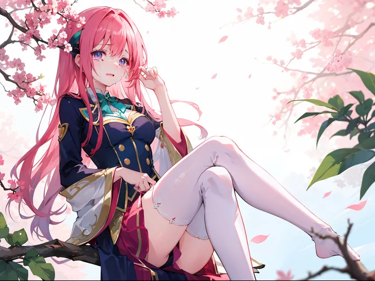 Generate a long flowing pink-haired girl in a vibrant magic academy uniform, she sitting and crying under the white leaf tree.