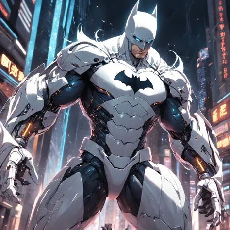 A realistic depiction of an advanced cybernetic suit wearing white Batman.