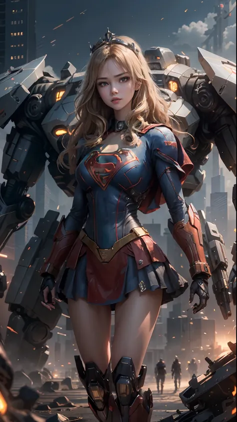 ((Best Quality)), ((Supergirls Masterpiece)), (Very Detailed: 1.3), 3D, Shitu-mecha, Beautiful cyberpunk woman wearing crown with her ruined mecha of a forgotten war city, long blonde hair, blue eyes, superman S symbol on chest, sci-fi technology, HDR (Hig...