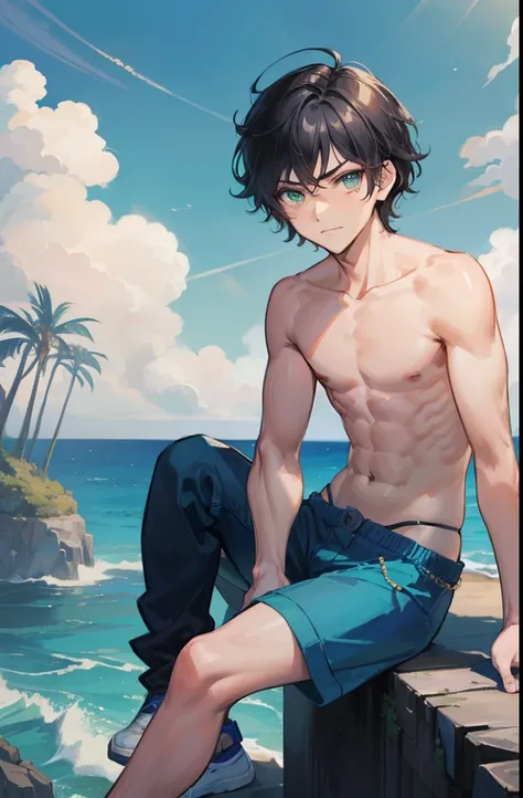 Percy Jackson, 13 years old kid, masterpiece, highres, average height, athletic, lean with hints of muscle, raven black hair, messy hair, slightly short hair, shirtless, tanned mediterranean skin, sea green eyes, handsome face, smirking, looking at viewer